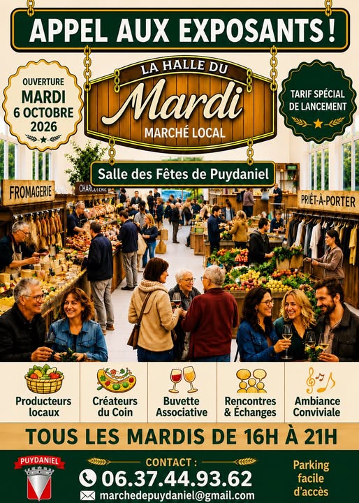 Peut être une image de texte qui dit ’APPEL AUX EXPOSANTS! OUVERTURE MARDI 6 OCTOBRE 2026 LA HALLE DU Mardi MARCHÉ LOCAL TARIF SPÉCIAL DE LANCEMENT FROMAGERIE Salle des Fêtes de Puydaniel CHARCUIENIC CHARCU PRIÊT-A-PORTER Producteurs locaux Buvette Associative ቆታ/ Créateurs Rencontres Ambiance du Coin & Échanges Conviviale TOUS LES MARDIS DE 16H À 21H PUYDANIEL يهعء 。カシツ COMTAT: 06.37.44.93.62 marchedepuydaniel@gmail.com Parking facile d'accès’
